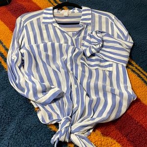 Blue and white striped button down with tie front